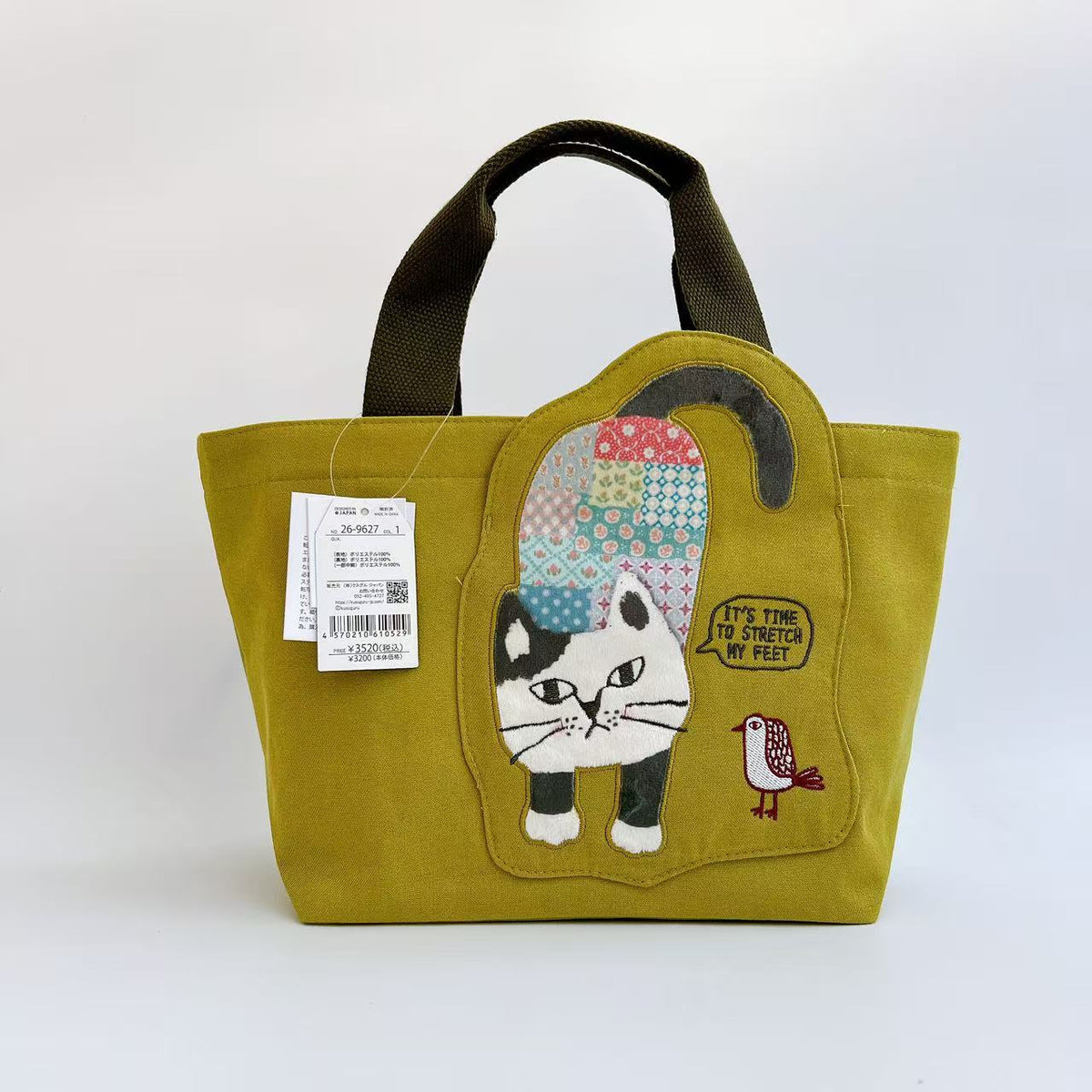 Kusuguru正品刺繡爬貓手提包手提包飯盒包逛街購物布藝通勤包601｜爬貓芥黃色9627-1