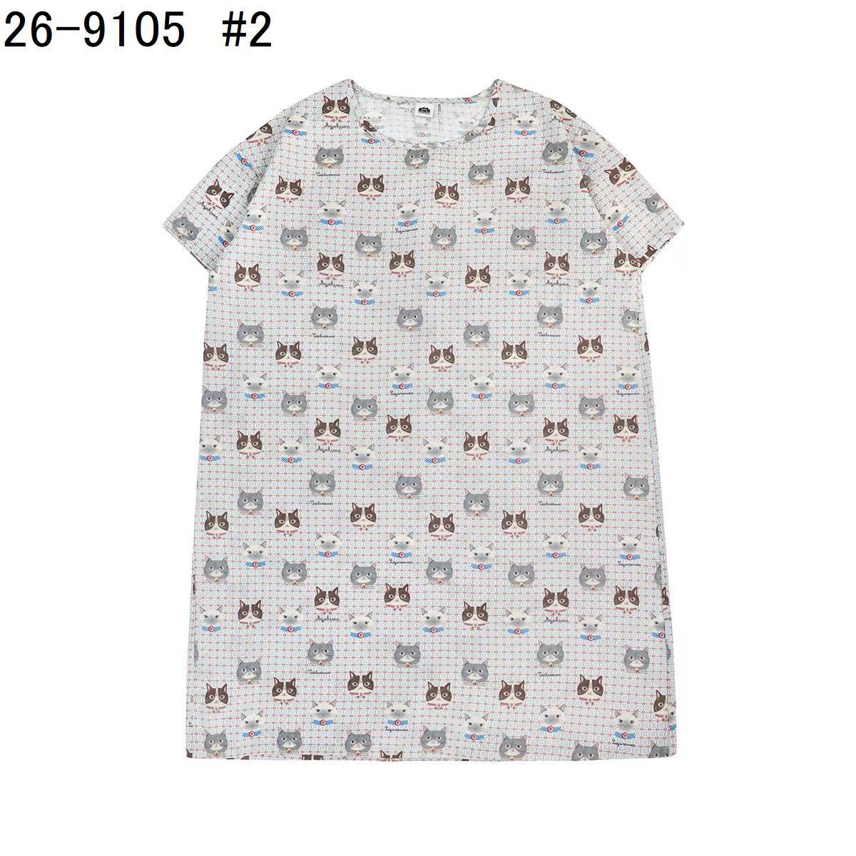 日本Kusuguru正品貓咪印花居家睡裙睡褲綿綢人造棉居家服舒適514｜睡裙蜜豆貓頭灰9105-2／單一尺寸
