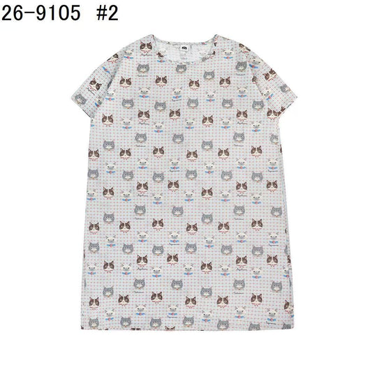 日本Kusuguru正品貓咪印花居家睡裙睡褲綿綢人造棉居家服舒適514｜睡裙蜜豆貓頭灰9105-2／單一尺寸