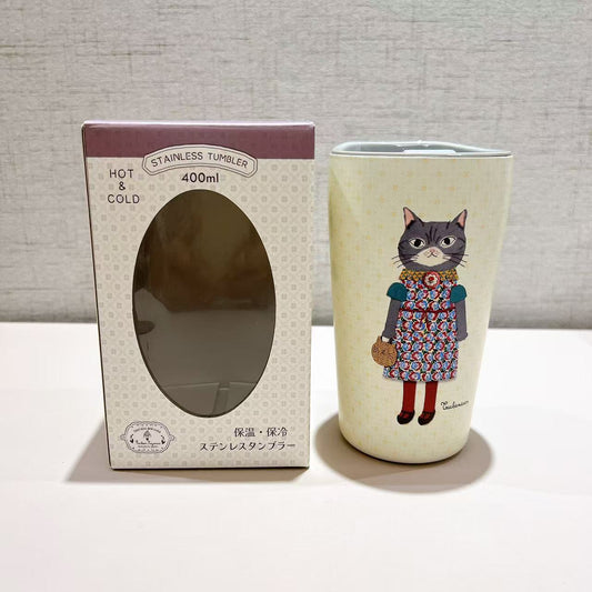 日本Kusuguru正品304不鏽鋼蓋式咖啡杯保溫保冷杯400 ml卡通貓405｜蜜豆米色8702-1／400 ml