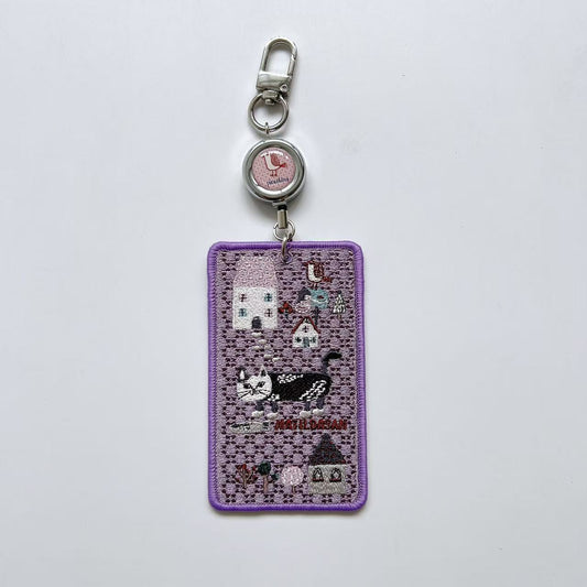 Kusuguru正品重工刺繡貓咪法鬥卡套IC卡套悠遊卡套掛飾卡通｜爬貓茄紫9424-2