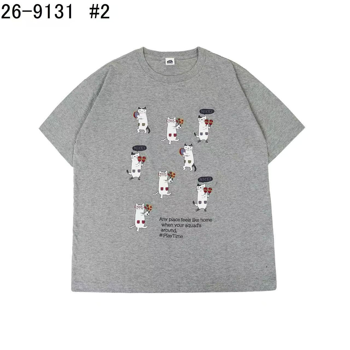 日本Kusuguru正品刺繡貓咪純棉T恤圓領短袖休閒女性純棉卡通52725｜眼鏡貓麻灰9131-2／單一尺寸