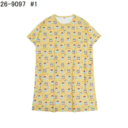 日本Kusuguru正品印花居家服睡裙套裝短袖短褲天竺棉卡通519｜露西保羅黃9097-1／單一尺寸