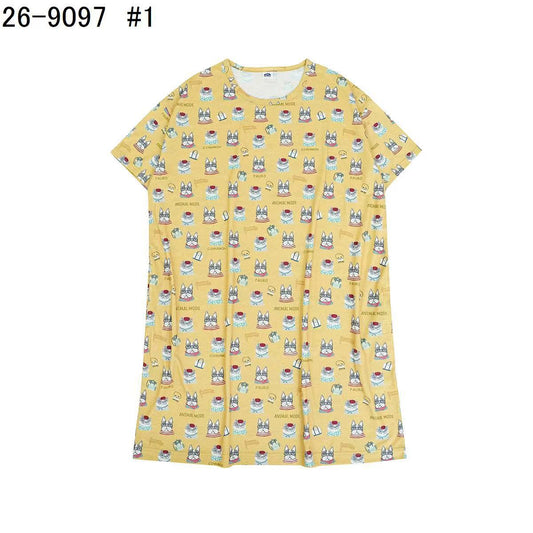 日本Kusuguru正品印花居家服睡裙套裝短袖短褲天竺棉卡通519｜露西保羅黃9097-1／單一尺寸