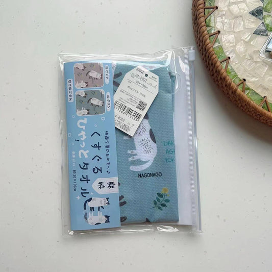 日本kusuguru貓咪數位印花冷感毛巾輕薄快乾方便攜帶汗巾冰涼巾128｜Nago貓綠色8002-2／30 × 100 cm