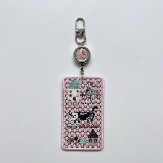 Kusuguru正品重工刺繡貓咪法鬥卡套IC卡套悠遊卡套掛飾卡通｜爬貓粉色9424-1