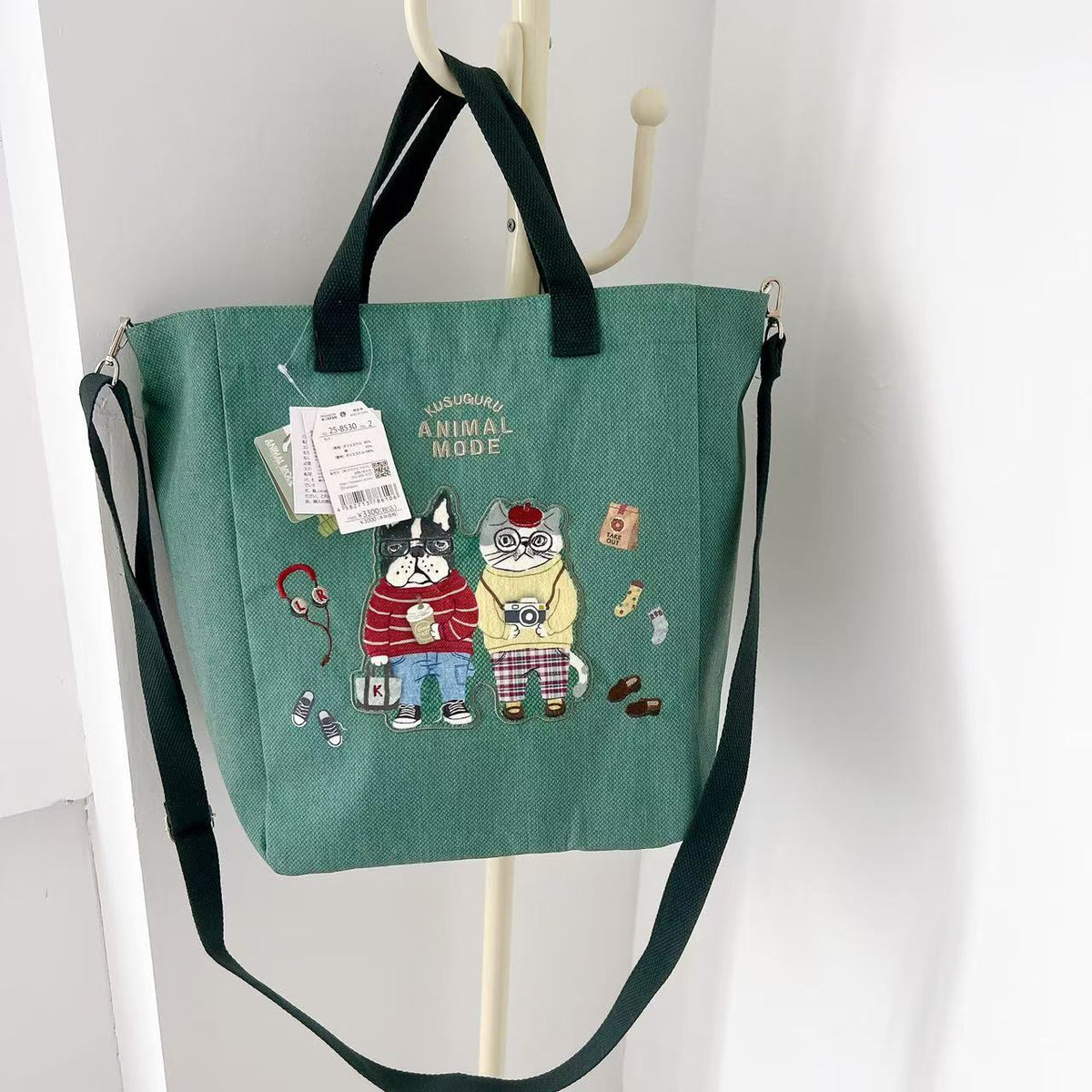 日本Kusuguru正品刺繡法鬥貓咪斜背包肩背包手提包手提包補習402｜露西and保羅綠色8530-2