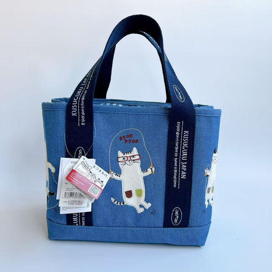 日本Kusuguru正品刺繡眼鏡貓手提包托特包手提包隔層包通勤包500｜眼鏡貓藍9011-2