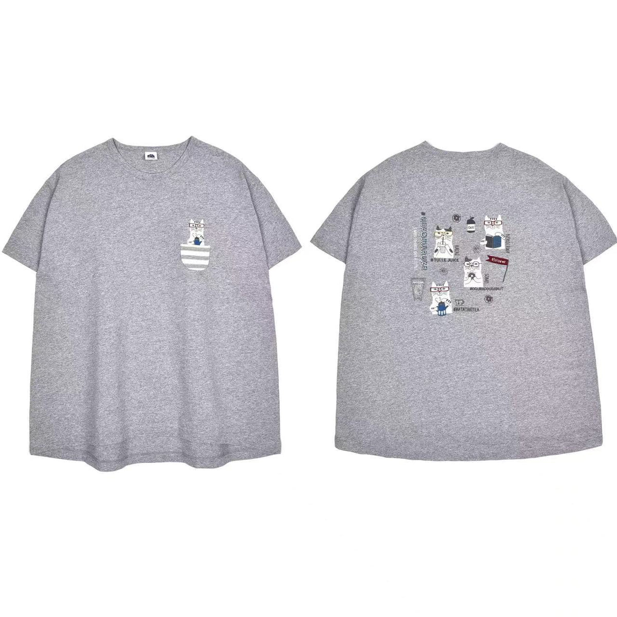日本Kusuguru刺繡貓咪女性棉T圓領短袖衫純棉休閒棉衫百搭112｜麻灰色眼鏡貓7128-1／單一尺寸