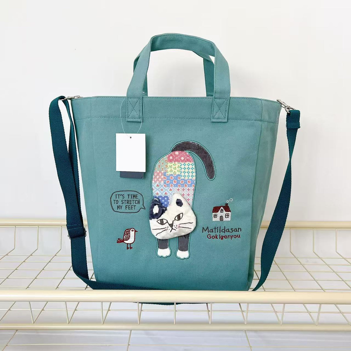 Kusuguru正品刺繡爬貓斜背包肩背包手提包手提包購物通勤大型601｜爬貓湖藍色9628-2