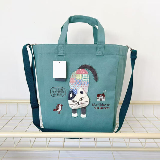 Kusuguru正品刺繡爬貓斜背包肩背包手提包手提包購物通勤大型601｜爬貓湖藍色9628-2