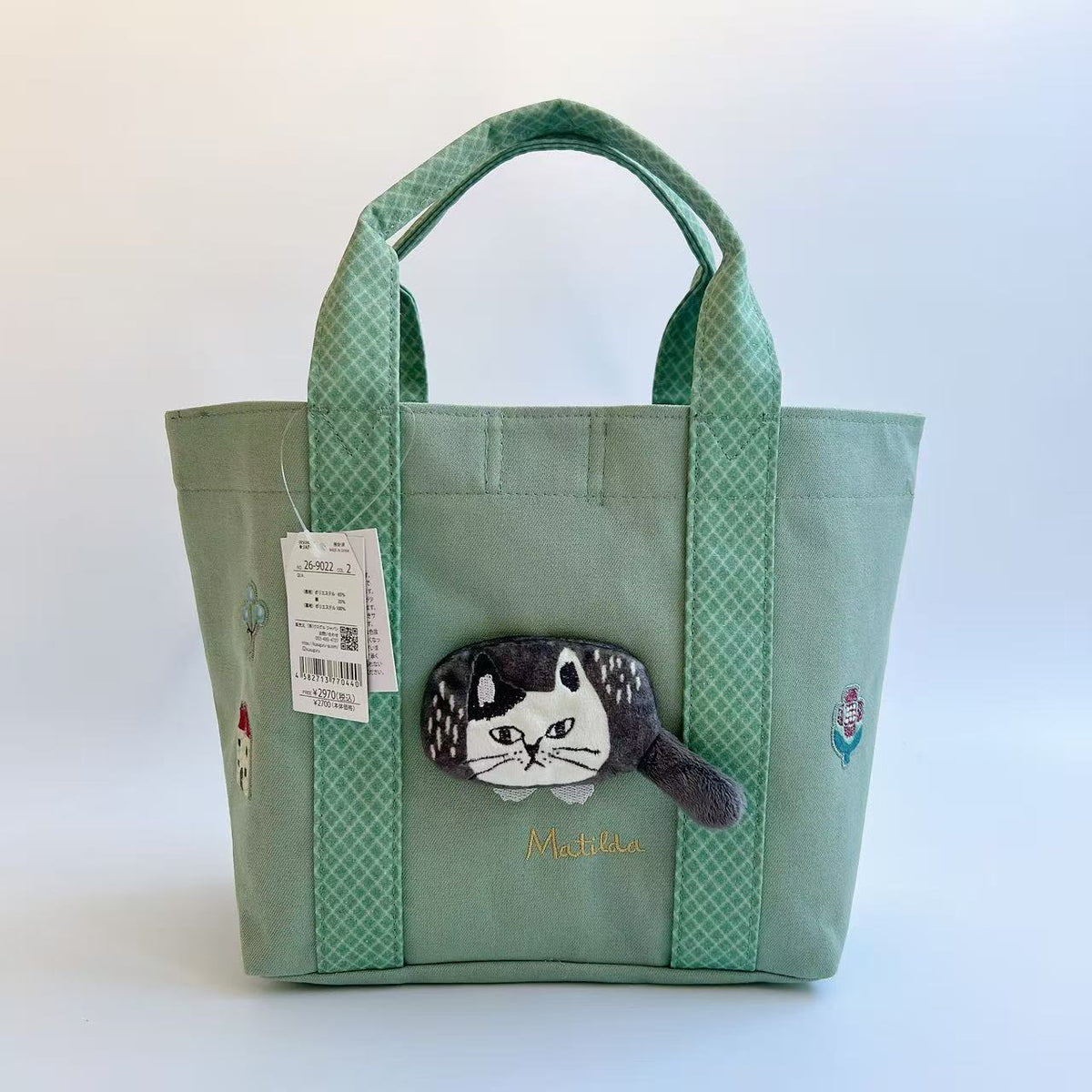 日本Kusuguru正品刺繡爬貓手提包手提包可變形帆布包袋通勤包501｜爬貓綠色9022-2