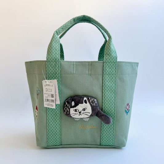 日本Kusuguru正品刺繡爬貓手提包手提包可變形帆布包袋通勤包501｜爬貓綠色9022-2