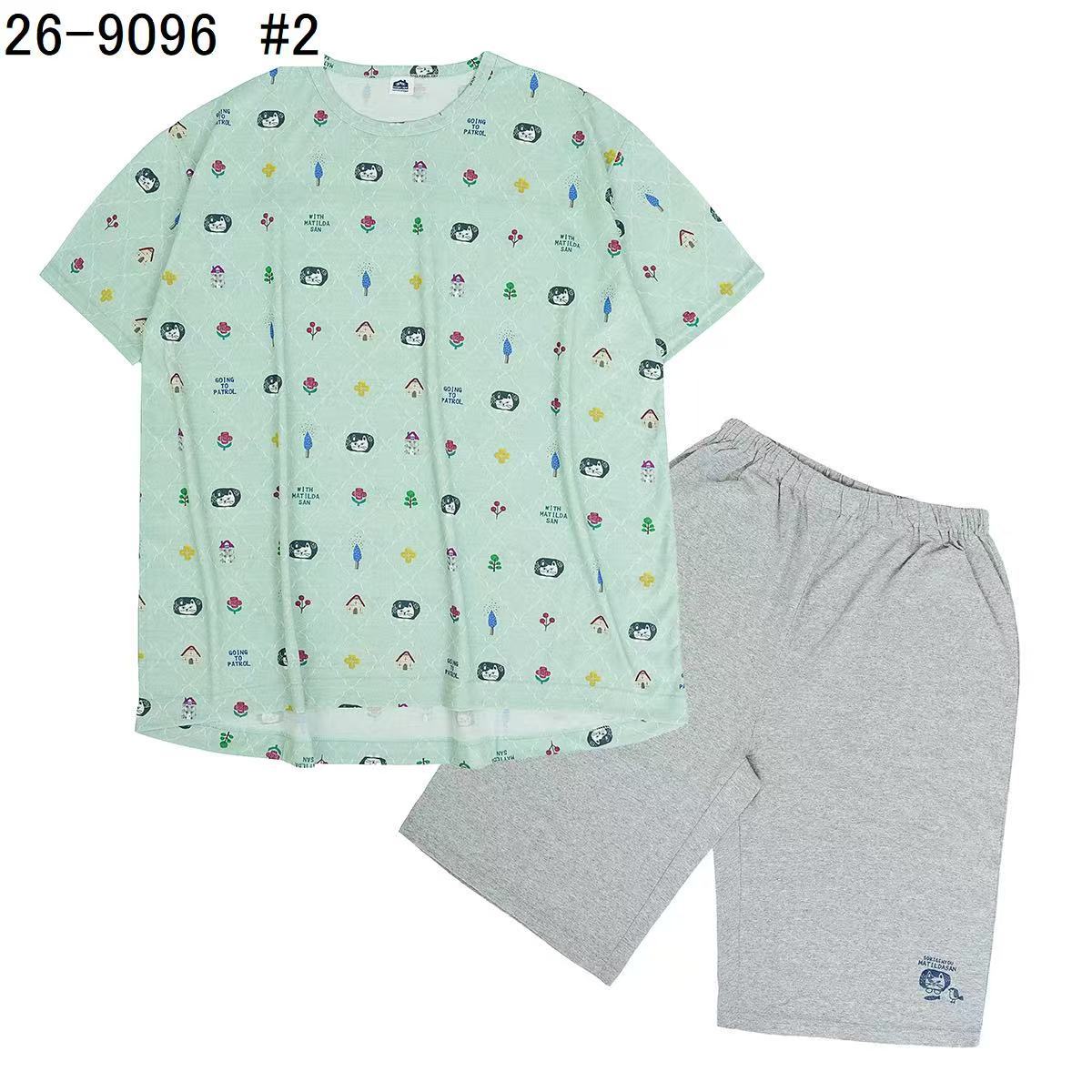 日本Kusuguru正品印花居家服睡裙套裝短袖短褲天竺棉卡通519｜短袖套裝爬貓綠9096-2／單一尺寸