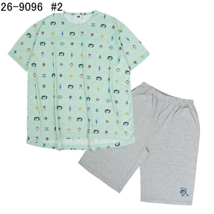 日本Kusuguru正品印花居家服睡裙套裝短袖短褲天竺棉卡通519｜短袖套裝爬貓綠9096-2／單一尺寸