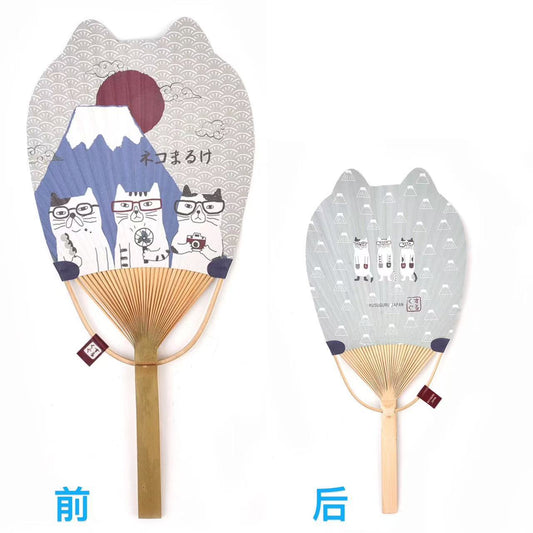 日本Kusuguru貓咪法鬥竹扇日式和風團扇納涼蒲扇雙面扇子輕便318｜眼鏡貓與富士山8073-1