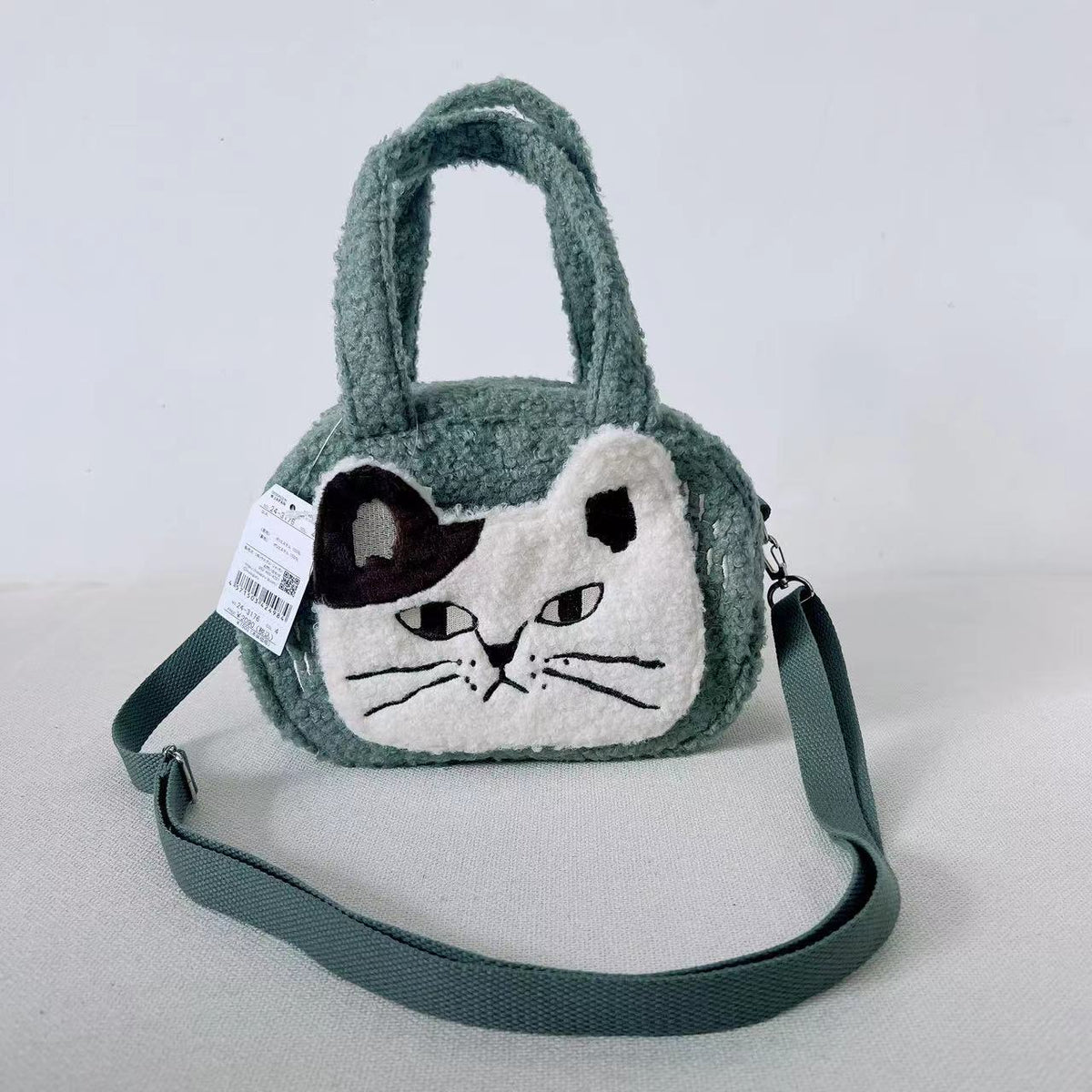 日本Kusuguru品牌貓咪刺繡羊羔毛斜背包手提包手提包單肩卡通875｜綠色3176-4
