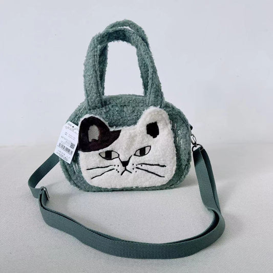 日本Kusuguru品牌貓咪刺繡羊羔毛斜背包手提包手提包單肩卡通875｜綠色3176-4