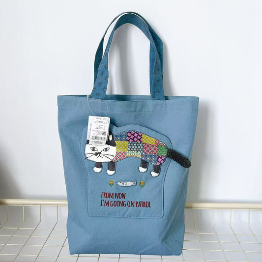 日本Kusuguru正品刺繡爬貓肩背包手提包手提包補習包逛街購物401｜爬貓藍8546-2