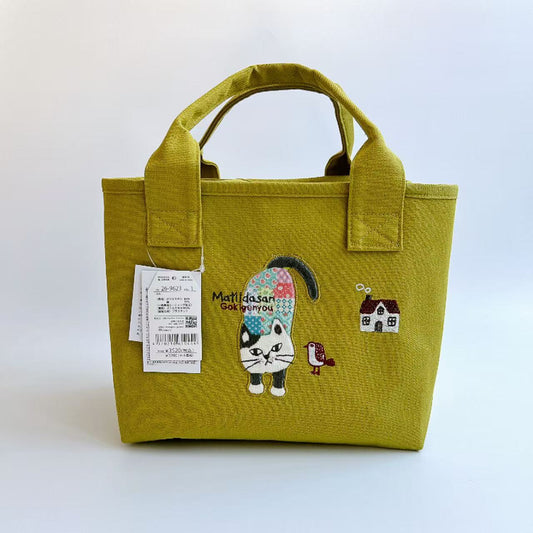 Kusuguru正品刺繡爬貓手提包托特包手提包隔層包布藝通勤包601｜爬貓芥黃色9623-1