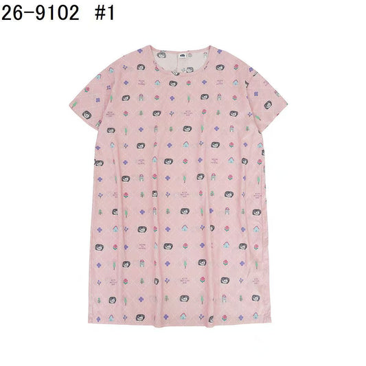 日本Kusuguru正品貓咪印花居家睡裙睡褲綿綢人造棉居家服舒適514｜睡裙爬貓粉9102-1／單一尺寸