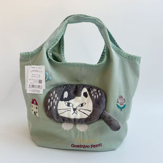 日本Kusuguru正品刺繡爬貓手提袋手提包帆布購物逛街購物通勤501｜爬貓綠色9024-2