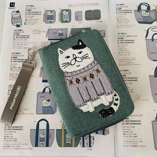 日本kusuguru刺繡胖貓手機包多層卡套卡套手拿包零錢包名片包862｜綠色3045-2（加工費上調）
