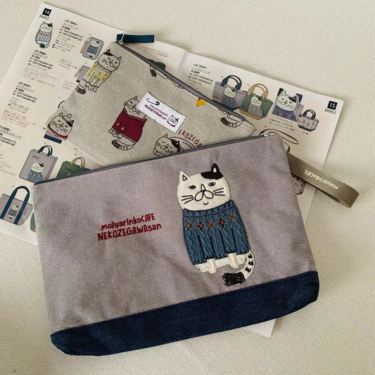 日本新款刺繡胖貓布藝文件包手拿包收納袋證件包套包證件包862｜灰 色