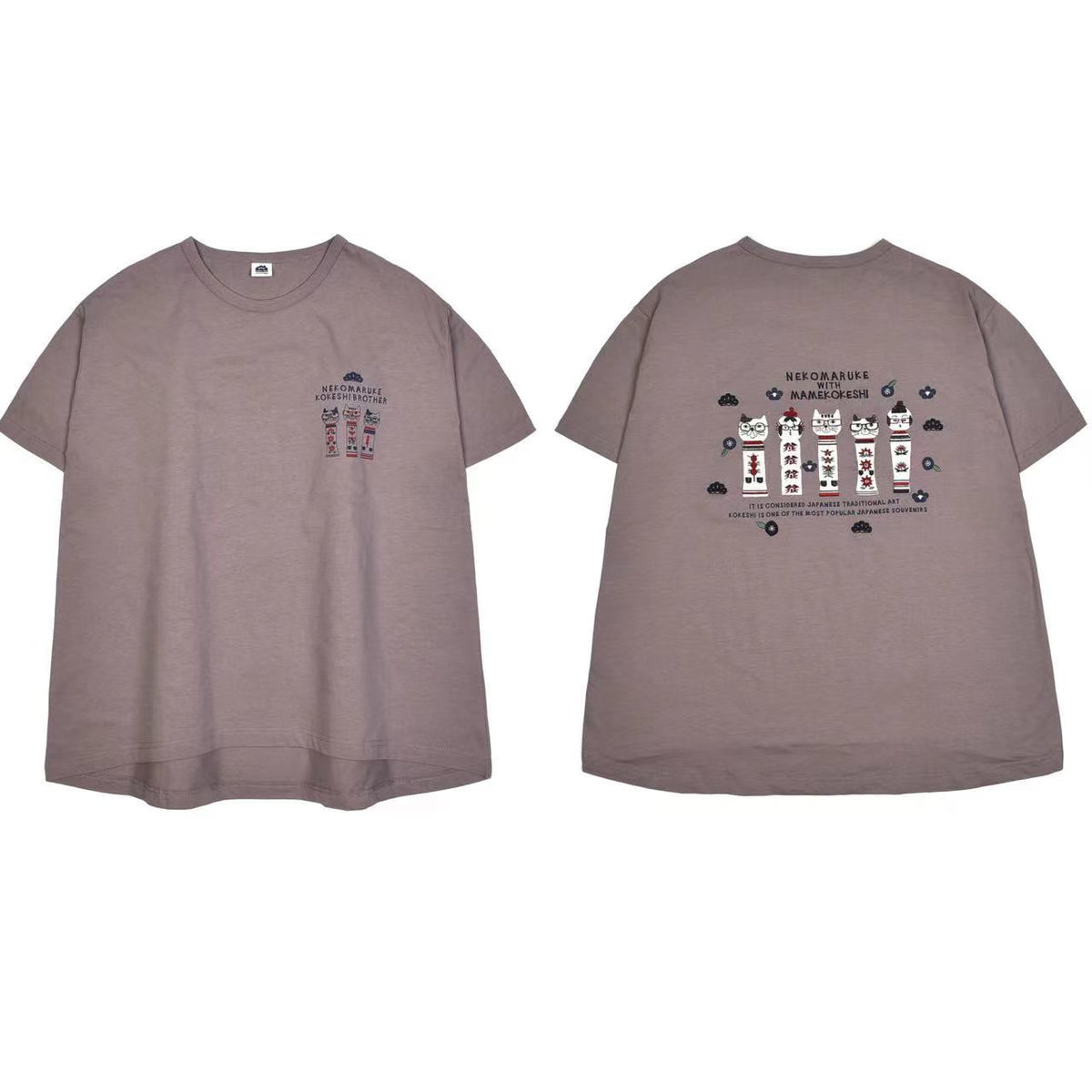 日本Kusuguru刺繡貓咪女性棉T圓領短袖衫純棉休閒棉衫百搭112｜眼鏡貓群淺咖7132-3／單一尺寸