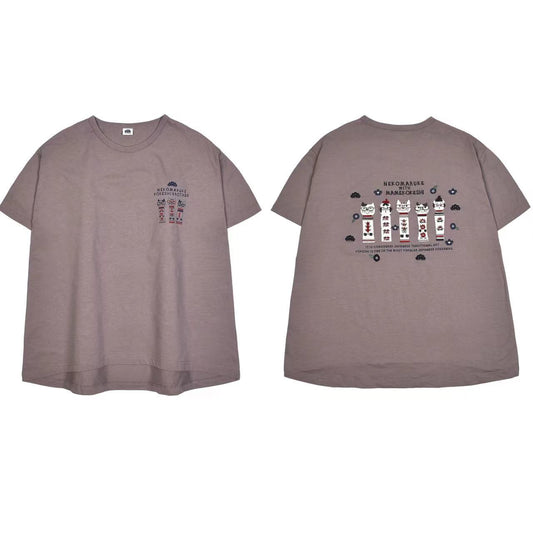 日本Kusuguru刺繡貓咪女性棉T圓領短袖衫純棉休閒棉衫百搭112｜眼鏡貓群淺咖7132-3／單一尺寸
