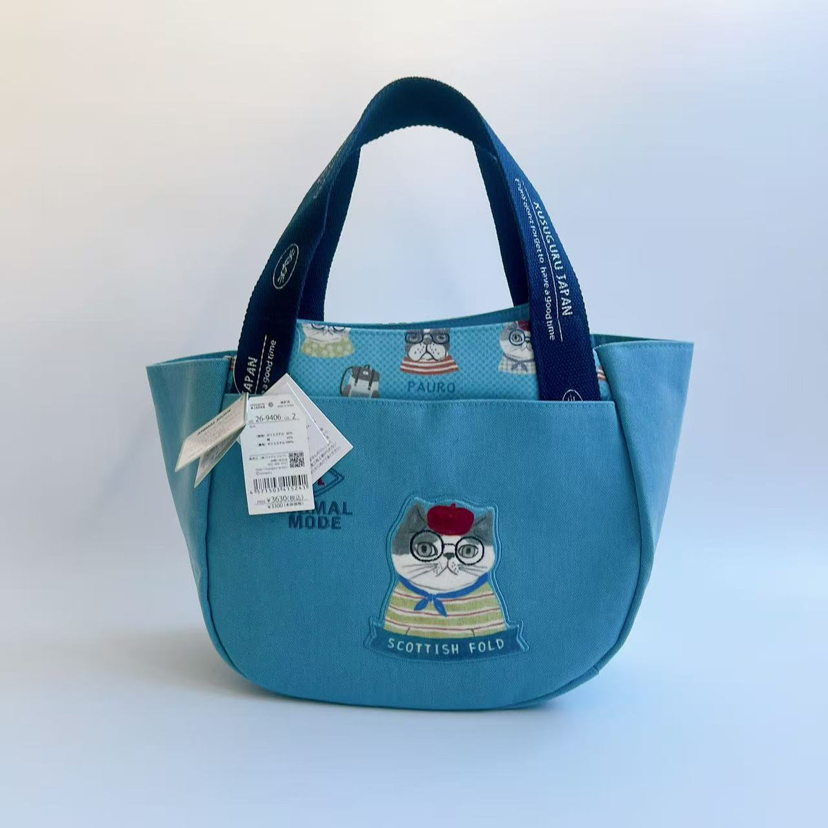 日本Kusuguru正品刺繡法鬥貓咪手提包手提包元寶包布藝通勤包502｜露西藍色9406-2