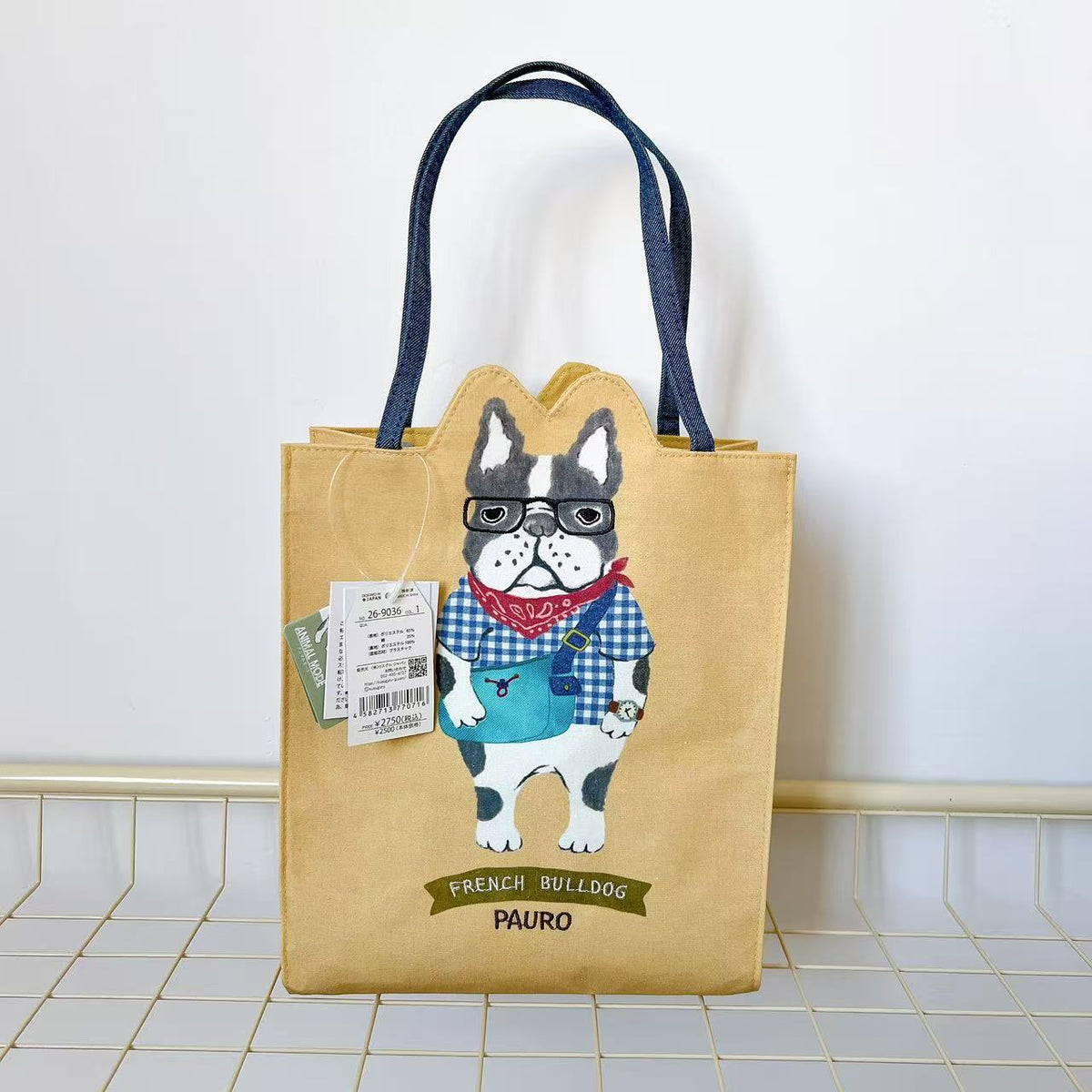 日本Kusuguru正品刺繡貓咪法鬥手提包手提包補習包逛街購物包502｜保羅黃色9036-1