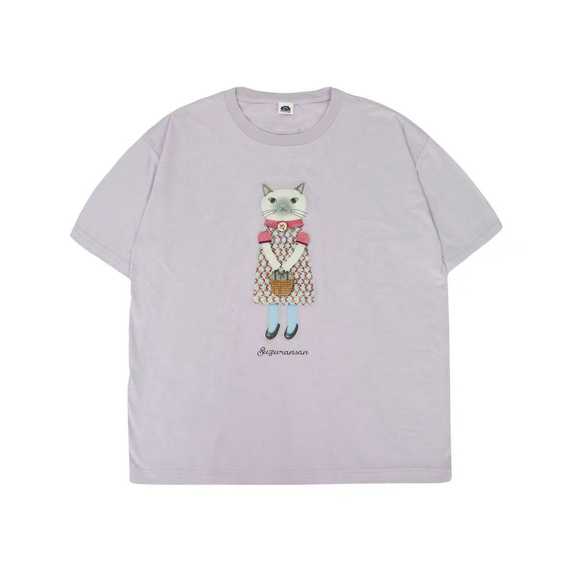 日本Kusuguru正品刺繡貓咪純棉T恤圓領短袖休閒女性純棉卡通52725｜裙子貓紫9135-1／單一尺寸