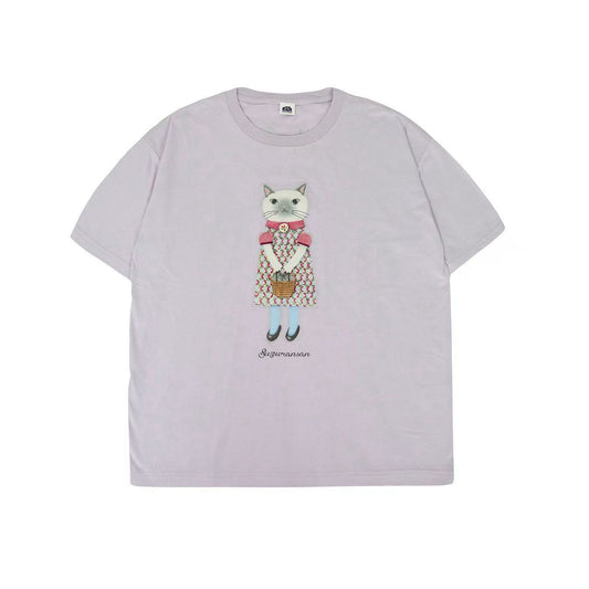 日本Kusuguru正品刺繡貓咪純棉T恤圓領短袖休閒女性純棉卡通52725｜裙子貓紫9135-1／單一尺寸