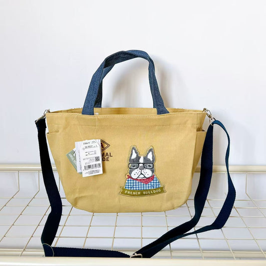 日本Kusuguru正品刺繡貓咪法鬥肩背包手提包手提包斜背包通勤502｜保羅黃色9037-1