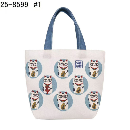 日本Kusuguru正品帆布包數位印花手提包手提包卡通飯盒包通勤433｜招財貓白色8599-1