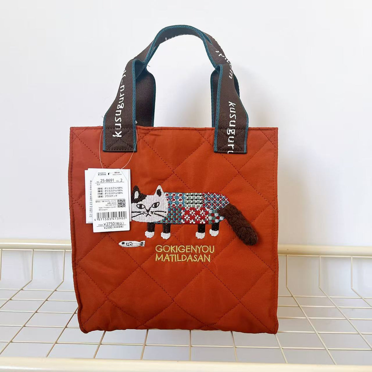 日本Kusuguru正品刺繡爬貓手提包絎縫手提包飯盒包逛街購物包427｜爬貓橘色8691-2