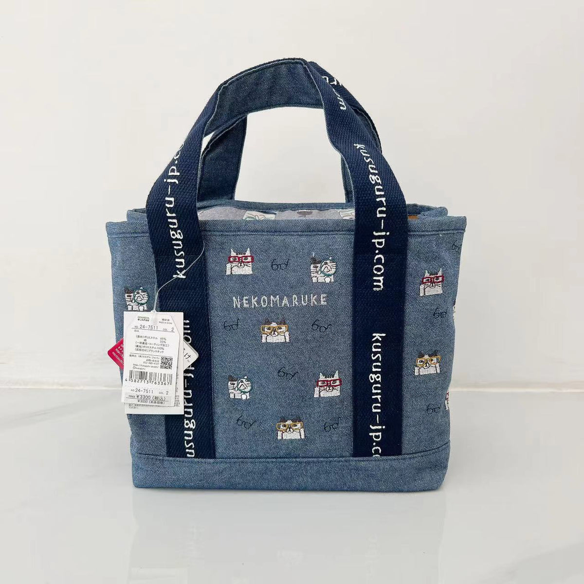 日本kusuguru重工刺繡貓咪手提包托特包手提包布藝購物包卡通200｜牛仔藍7511-2