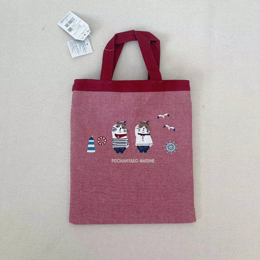日本刺繡海軍貓布藝手提包iPad包補習包手提包逛街購物包卡通838｜紅色2056-1