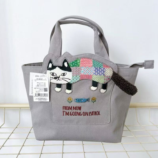 日本Kusuguru正品刺繡爬貓手提包手提包通勤包布藝飯盒包購物401｜爬貓灰色8542-1