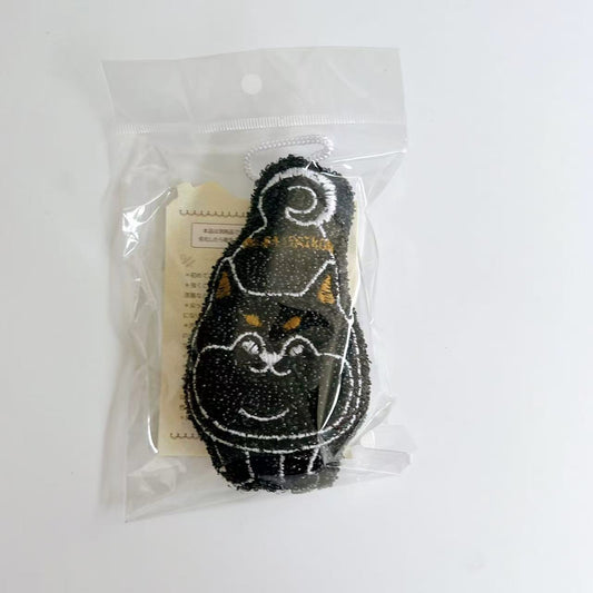 日本Kusuguru正品刺繡貓咪狗子海綿擦清潔海綿去油汙刷鍋布雙面430｜柴犬黑色8571-2