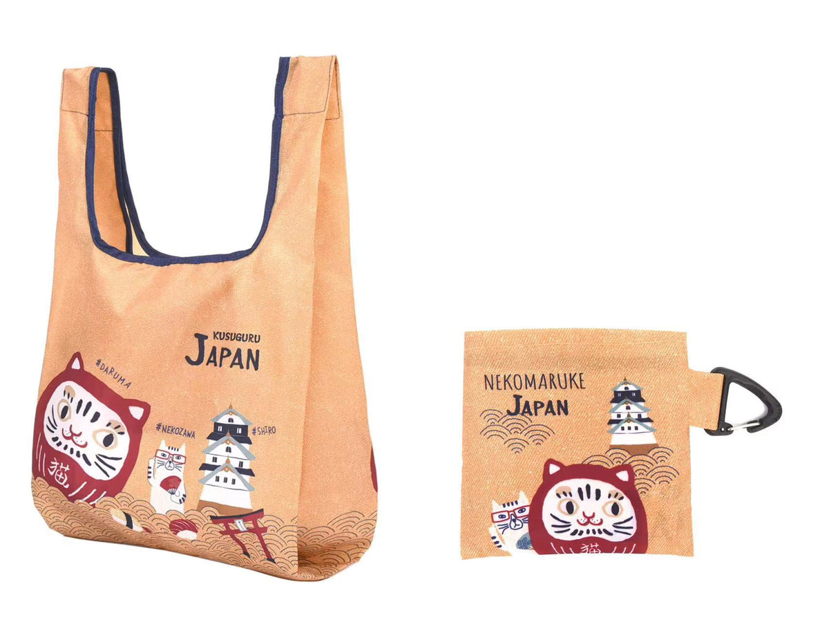 日本kusuguru貓咪數位印花購物袋折疊收納手提包卡通中型968｜招財貓橘黃6691-1