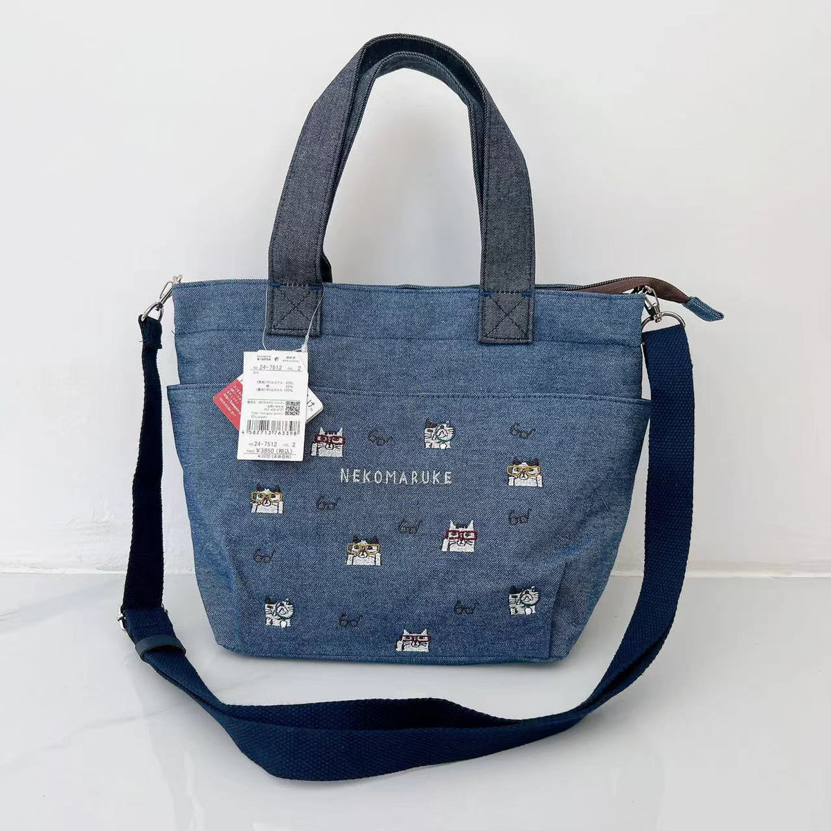 日本kusuguru重工刺繡貓咪肩背包斜背包手提包手提包通勤布藝200｜牛仔藍7512-2