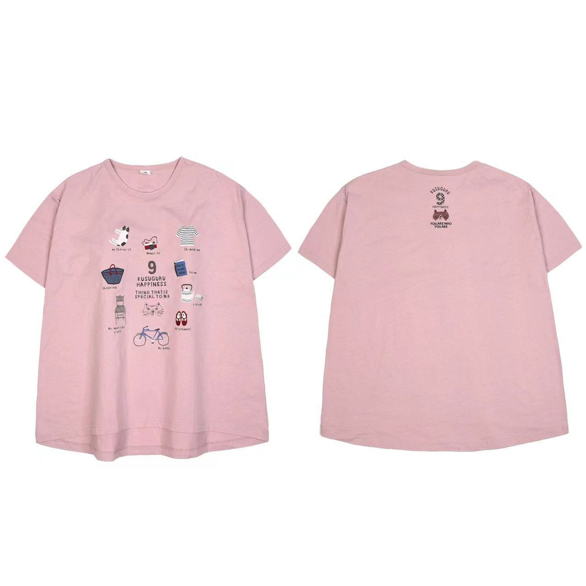 日本Kusuguru刺繡貓咪女性棉T圓領短袖衫純棉休閒棉衫百搭112｜購物貓粉色7133-2／單一尺寸