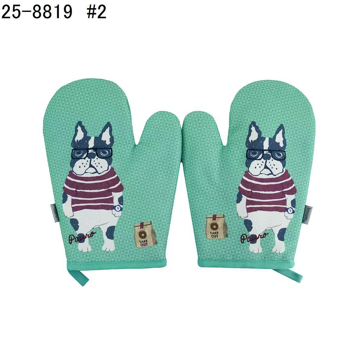 日本Kusuguru正品貓咪狗子刺繡印花手套隔熱耐高溫防燙加厚微波爐｜保羅綠色8819-2