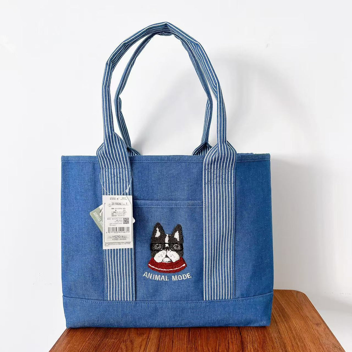 日本Kusuguru正品刺繡貓咪法鬥手提包手提包托特包牛仔隔層大435｜法鬥犬淺牛仔藍10026 L-1
