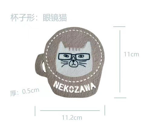 日本KUSUGURU新款杯墊貓咪隔熱墊防燙盤子碗墊耐高溫桌面可愛844｜杯子型眼鏡貓藏青（3 片裝) 尺寸