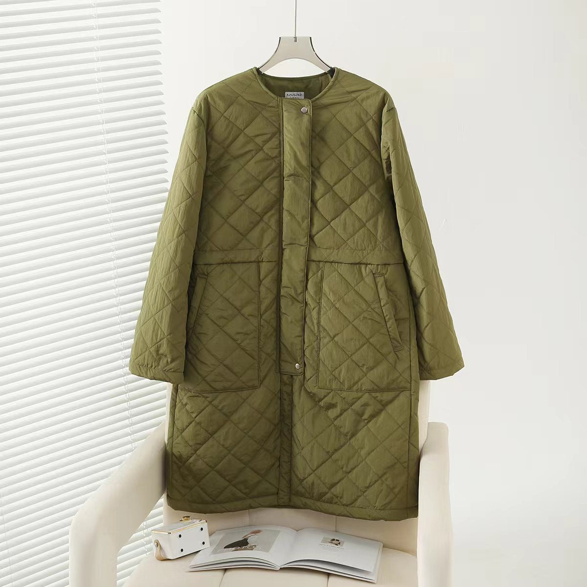 日本kusuguru秋冬外套絎縫棉服保暖休閒日系文藝寬鬆中長款220｜軍綠7675-3／單一尺寸