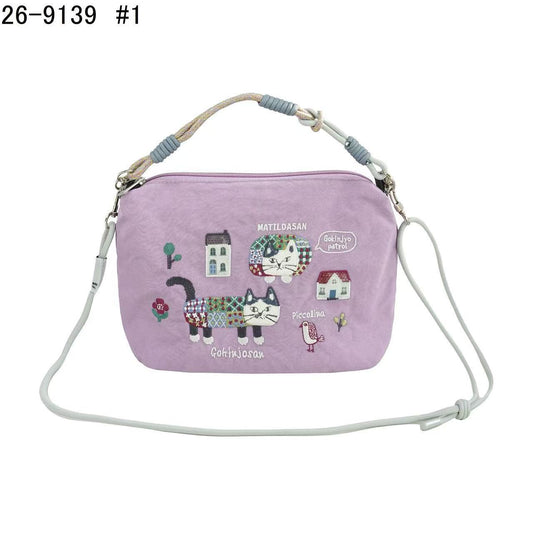 日本Kusuguru正品重工刺繡貓咪斜背包尼龍肩背包手提通勤509｜爬貓粉紫9139-1