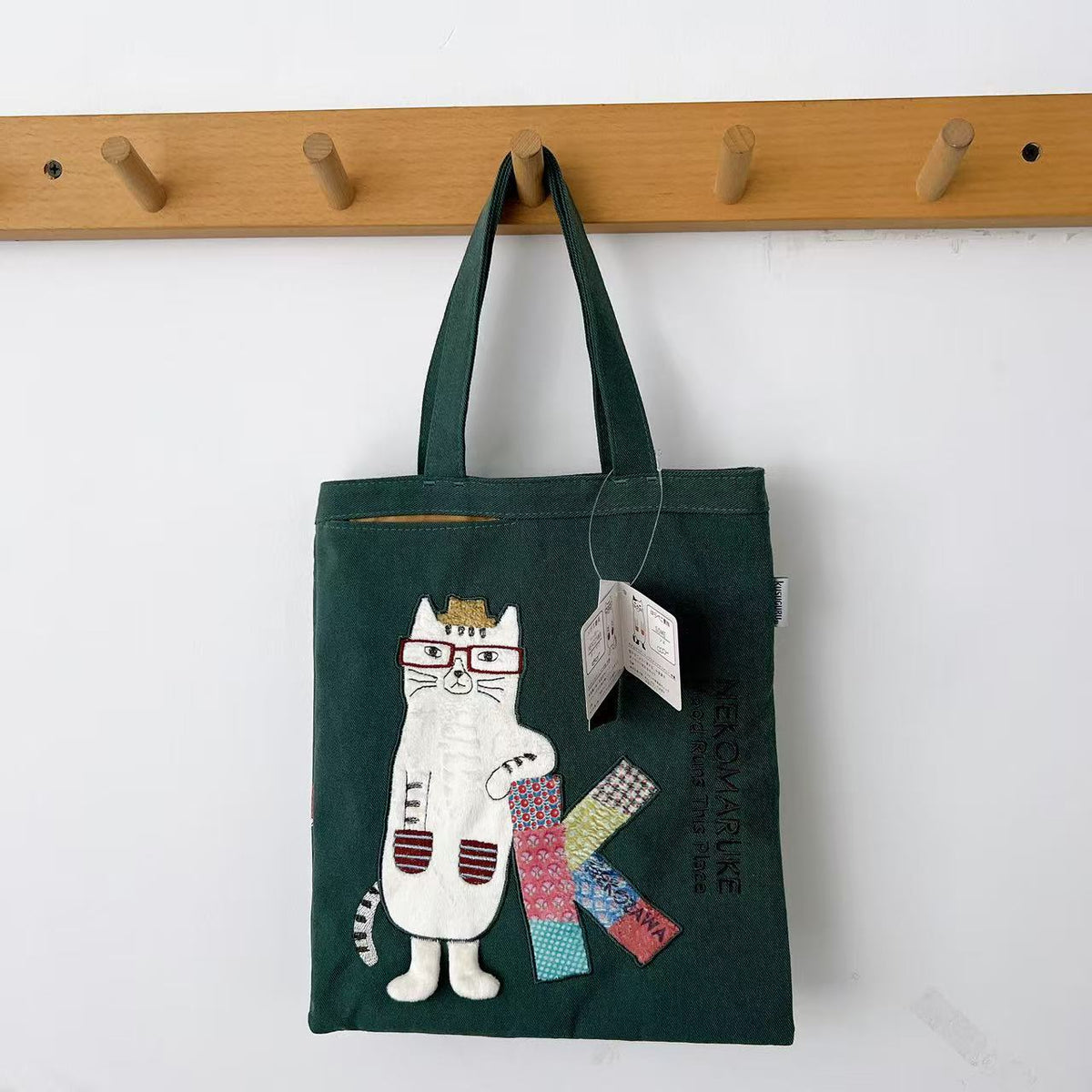 Kusuguru正品刺繡眼鏡貓手提包手提包補習包iPad包布藝通勤包600｜眼鏡貓墨藍9446-2